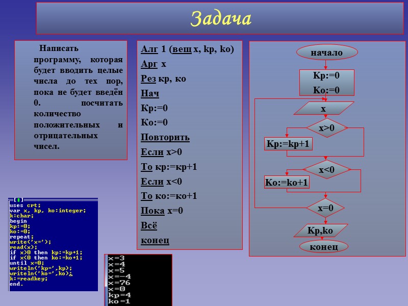 Задача Алг 1 (вещ x, kp, ko) Арг х Рез кр, ко Нач Кр:=0